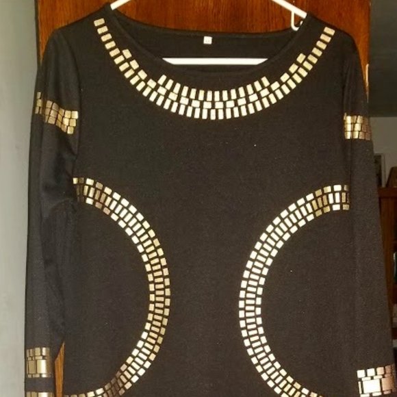 Black Midi Dress with Gold Decorative Design | Size XL | Stretch Fabric - Picture 2 of 15